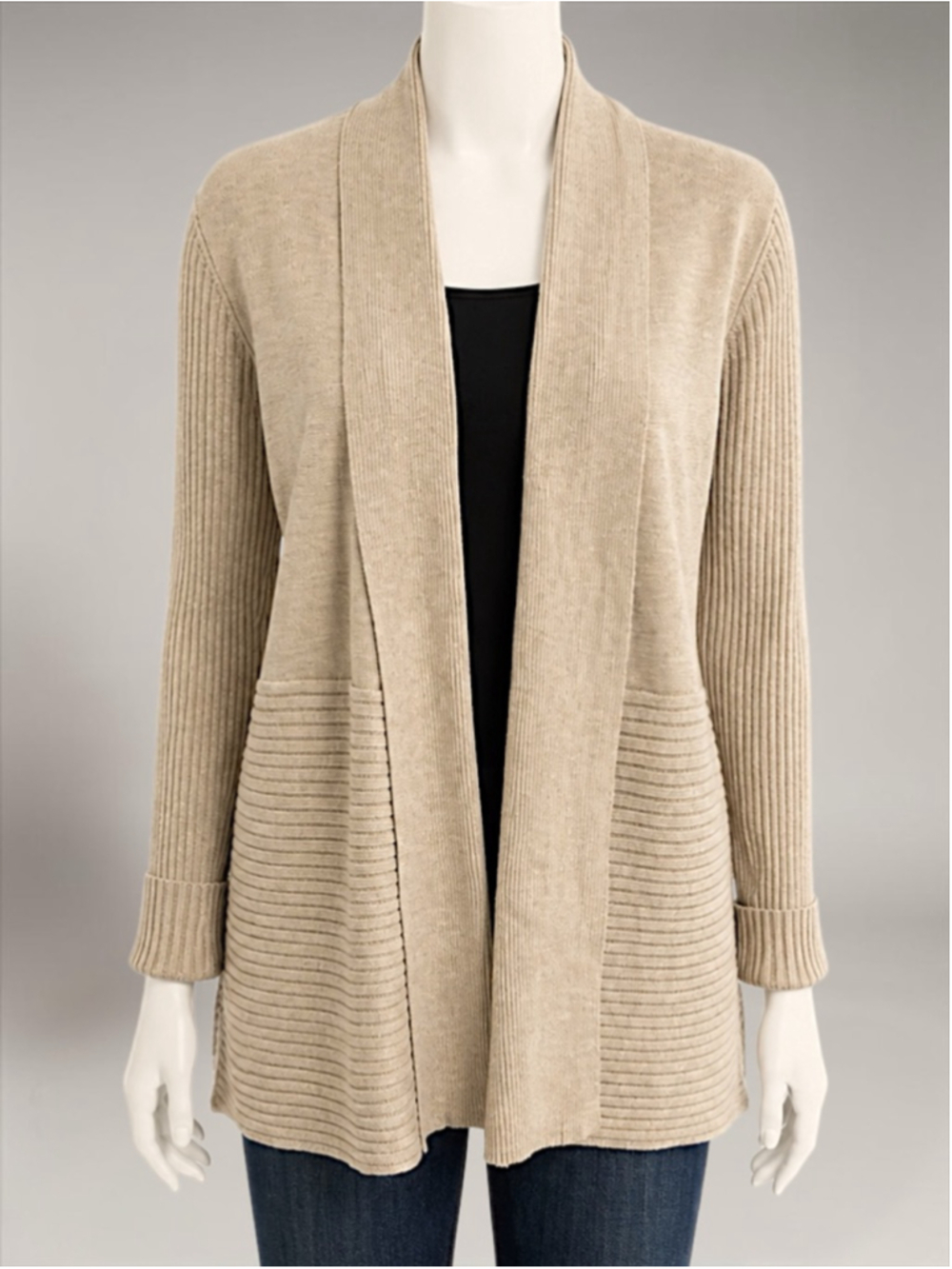 Women's Ellie Beige Ribbed Knit Open Cardigan Sweater L